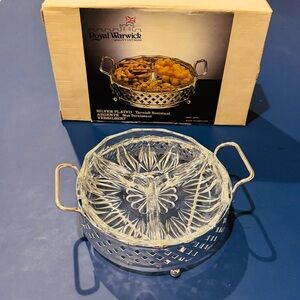 Vtg Royal Warwick GlassDish &Silver Plated Basket Party/CompartmentSnack Platter